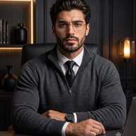Businessman at Office Desk with Laptop AI Photo Editing Prompt. AI generated corporate portrait of a bearded man in a grey zip sweater and black tie sitting at a wooden desk with a laptop in a modern dark-paneled office.