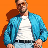 AI Prompt for Multi-layer painterly illustration of a confident bearded man wearing a blue jacket and sunglasses against an orange wall.