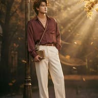 Gemini AI Generated Image: A man with brown, wavy hair is standing next to a vintage street lamp in an autumnal setting. He is wearing a burgundy button-down shirt tucked into light cream or off-white trousers with a brown belt. He has several silver necklaces, a small crossbody bag, and is holding a book. The background features warm, golden light filtering through autumn leaves, with some leaves seemingly falling around him.