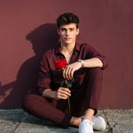 AI Image Prompt: Young man with short tousled dark hair in burgundy clothes and white sneakers holding a red rose while seated against a textured burgundy wall