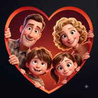 AI Photo Prompt: Polished 3D animated-film look portrait of a cheerful family of four leaning forward from behind a heart-shaped border.