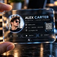 ChatGPT Photo Prompt: Transparent glass business card held by fingers showing a man wearing dark sunglasses.