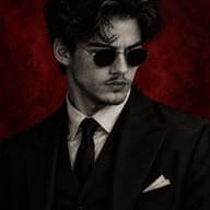 ChatGPT AI Photo Prompt: Dark noir charcoal and oil painting of a messy-haired man in round sunglasses and suit.
