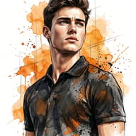 Mixed Media Art Sketch AI Prompt. AI generated digital illustration of a young man in a black polo shirt surrounded by vibrant orange watercolor splashes and sketch lines.