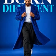 AI Image Prompt: Cinematic luxury campaign image featuring a male model striding forward in a long blue coat against a vibrant blue studio background.