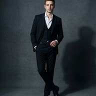 Handsome Man in Black Three-Piece Suit AI Photo Editing Prompt. AI generated studio portrait of a young man in a sharp black suit and open white shirt posing against a textured dark grey background with dramatic shadows.