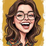 AI Photo Prompt: Hand-drawn style digital caricature of a joyful woman with wavy hair and circular glasses wearing a colorful patterned shirt.