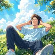 Gemini AI generated expressive anime cel shading illustration of a relaxed man with a light beard sitting on a grassy hill wearing headphones.