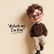AI Photo Prompt: 3D animated chibi boy wearing glasses and a brown sweater casually leaning against a cream wall with the quote disturb me I'm free.