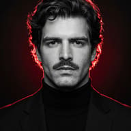 AI generated portrait of a serious young man with wavy hair and a mustache, wearing a black turtleneck and blazer, lit by a striking red rim light against a dark background.