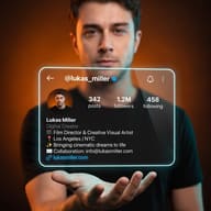 AI Prompt: Cinematic portrait of a man holding a glowing glassmorphism Instagram account hologram card.