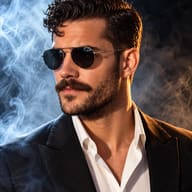 ChatGPT ai generated photo: Bearded man in a black suit and aviator sunglasses against swirling blue studio smoke.