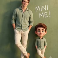 Man and 3D Mini-Me Photo AI Prompt. AI generated digital illustration of a smiling man and his matching cartoon mini counterpart against a green wall.