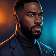 Handsome Black Man Digital Art AI Photo Editing Prompt. AI generated digital illustration of a stylish handsome man with wavy hair wearing a black turtleneck and blazer against a smoky blue and orange background.