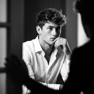 Gemini AI Generated Minimalist black and white photo featuring a young curly-haired man looking thoughtfully through a dark cinematic frame.