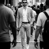 Monochrome City Portrait AI Photo Editing Prompt. AI generated image of a confident man walking in a crowd.