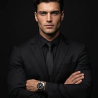 AI generated studio portrait of a confident man with crossed arms, wearing an all-black suit, shirt, and tie with a silver watch against a dark studio background.