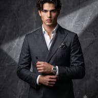 Men's Fashion Portrait AI Photo Editing Prompt. AI generated studio portrait of a handsome man in a charcoal double-breasted suit adjusting his luxury watch.
