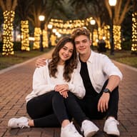 Romantic Couple Portrait AI Photo Editing Prompt. AI generated lifestyle portrait of a young couple sitting together on a brick pathway under warm string lights at dusk.