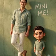 Man and 3D Cartoon Mini-Me AI Photo Editing Prompt. AI generated character composite of a man and his identical 3D stylized avatar leaning against a wall with 'MINI ME!' text.