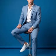 Gemini AI Generated Casual men's fashion image featuring a handsome guy in a light blue suit with an open white shirt and sneakers posing in a monochromatic blue studio setup.