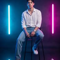 Seated Asian Man in Neon Lighting Portrait AI Photo Editing Prompt. AI generated studio portrait of a stylish young man in a white shirt and jeans sitting on a stool between cyan and magenta neon lights.   