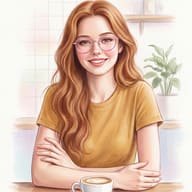 Watercolor Portrait of Woman with Coffee AI Photo Editing Prompt. AI generated digital watercolor illustration of a smiling young woman with wavy auburn hair and pink glasses wearing a yellow t-shirt, sitting at a cafe table with a cup of coffee.