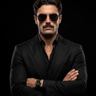 AI Image Prompt: Dramatic low-key studio portrait of a stoic man with a mustache wearing an all-black suit and sunglasses, standing with arms crossed in boss style.