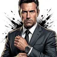 Secret Agent Illustration AI Photo Editing Prompt. AI generated digital illustration of a stern man in a black suit and tie adjusting a wristwatch cuff against a splatter background.