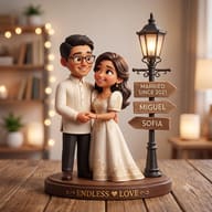 3D Pixar-Style Couple Miniature Art AI Photo Editing Prompt. AI generated 3D illustration of a smiling couple holding hands next to a vintage street lamp with custom name signboards on a wooden base.