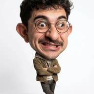 AI Prompt: Expressive tiny body caricature photo of a quirky young man with glasses and a funny mischievous grin wearing a brown corduroy jacket.