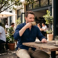 AI generated lifestyle portrait of a man in a blue shirt enjoying coffee at an outdoor cafe with natural lighting and a leafy background.