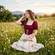 Gemini AI generated cottagecore portrait of a woman in a red corset top sitting in a sunlit wildflower field.