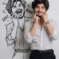 Conceptual Photo Doodle AI Photo Editing Prompt. AI generated conceptual portrait of a young man in a white pinstripe shirt poking his cheeks, standing next to a large line-art doodle of his fearfully screaming self with 'EEK!' and 'RAWR!' text.