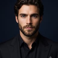 Handsome Man in Black Suit Studio Portrait AI Photo Editing Prompt. AI generated studio portrait of a handsome male model with textured light brown hair and blue eyes wearing an all-black suit and shirt against a dark background.