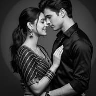 Intimate Black and White Studio Portrait of embracing Couple AI Photo Editing Prompt. AI generated studio portrait of a tenderly embracing South Asian couple with foreheads touching and soft smiles.