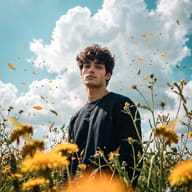 AI Image Prompt: Beautiful spring photography featuring a young man standing chest-deep in a vibrant field of yellow wildflowers with petals blowing in the wind.
