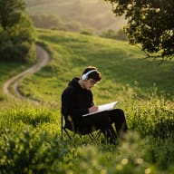 AI Photo Prompt: Environmental photo of a young man wearing headphones, sitting on a camping chair and journaling in a green meadow at golden hour.