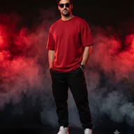 Cinematic streetwear portrait of a man in a red t-shirt and sunglasses surrounded by smoke AI Photo Editing Prompt. AI generated fashion portrait of a stylish curly-haired boy standing in black cargo pants and white sneakers against a dark background with dramatic red and grey fog.