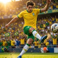 Brazil Soccer Player Mid-Air Kicking Action Photo AI Photo Editing Prompt. AI generated realistic action-sports photo of a Brazilian football player powerfully kicking a soccer ball mid-volley, surrounded by a packed stadium, national flags, and flying turf in golden hour sunlight.