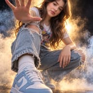 AI Prompt: High-contrast smoky portrait of a crouching girl wearing blue and white sneakers with a strong golden backlight highlighting her casual outfit.