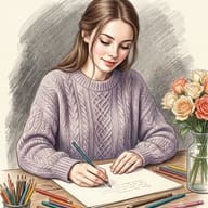 Girl Drawing Colored Pencil Sketch AI Photo Editing Prompt. AI generated colored pencil illustration of a young woman in a purple sweater drawing on paper with roses nearby.