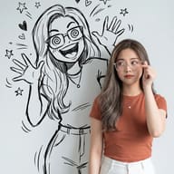 Real Photo with Doodle Art AI Prompt. AI generated mixed media portrait of a woman adjusting her glasses beside a playful black-and-white doodle sketch.