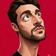 Stylized geometric 3D vector portrait of a man with a short beard looking up with exaggerated comedic eyes against a deep red background.