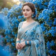 AI generated realistic portrait of a beautiful Indian woman wearing a light blue floral saree and matching jewelry, looking thoughtfully aside amidst vibrant blue flowers.