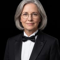 Woman in Tuxedo Portrait AI Photo Editing Prompt. AI-generated studio portrait of an elegant woman with glasses wearing a black tuxedo against a dark background.