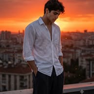 Gemini Generated Photorealistic image of a guy with hands in his pockets, serene and quiet city sunset on a rooftop.