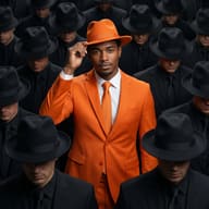 Orange Suit Man in Black Crowd Portrait Prompt. AI generated studio portrait of a man in a vibrant orange suit and fedora standing out among a dense crowd of men in identical black suits.