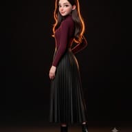 3D Stylized Girl in Burgundy Sweater AI Photo Editing Prompt. AI generated 3D illustration portrait of a beautiful young woman with long dark hair wearing a burgundy turtleneck and a black pleated skirt, standing against a dark background with cinematic rim lighting.   