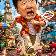ChatGPT AI Prompt: Hyper-realistic action graphic featuring a tiny-bodied Jackie Chan caricature running away from flying onions in a colorful street setting.